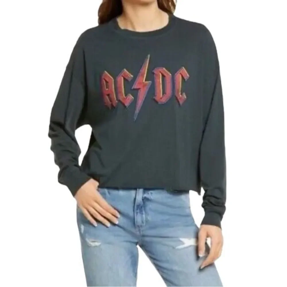 Free People Daydreamer Size S AC/DC Long Sleeve Graphic Tee Charcoal Black‎ Boxy